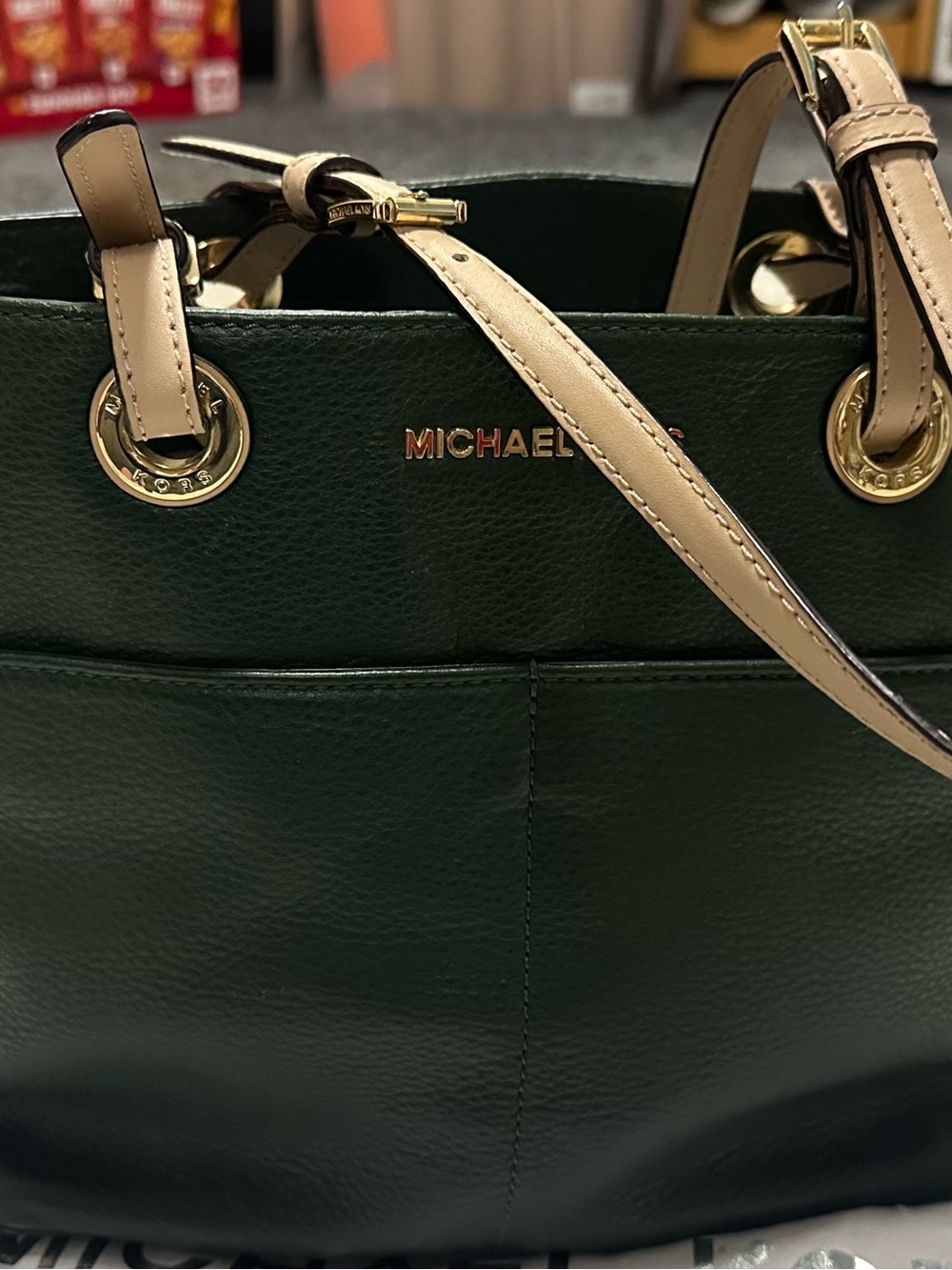 MICHAEL Michael Kors Forest Green Leather Tote with Beige Straps